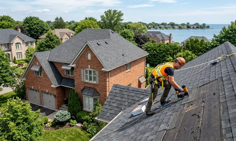 Roofer installing asphalt shingles on a residential roof