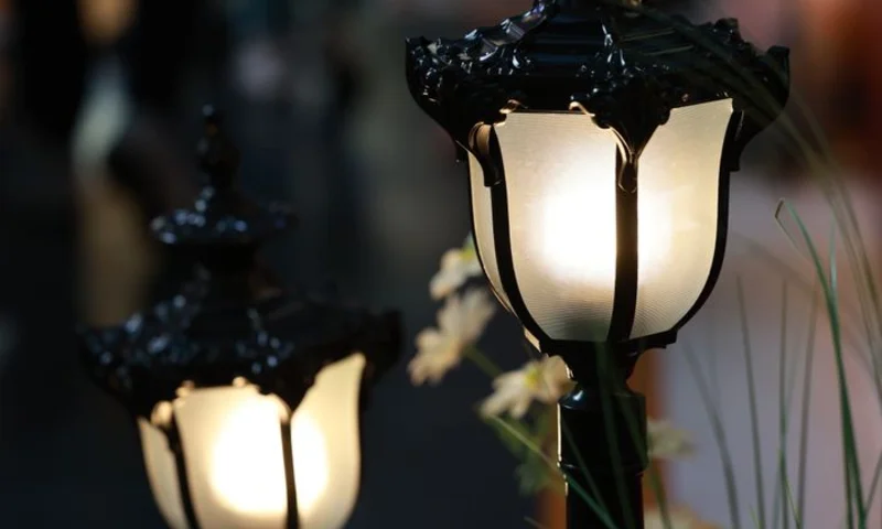 Outdoor landscape path lights glowing at dusk