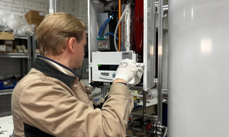 Technician repairing home heating equipment