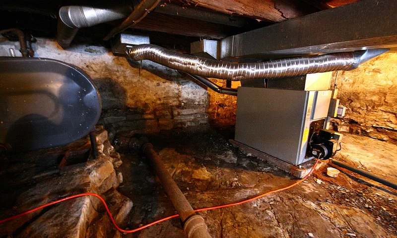 Home furnace and ductwork in a basement mechanical area